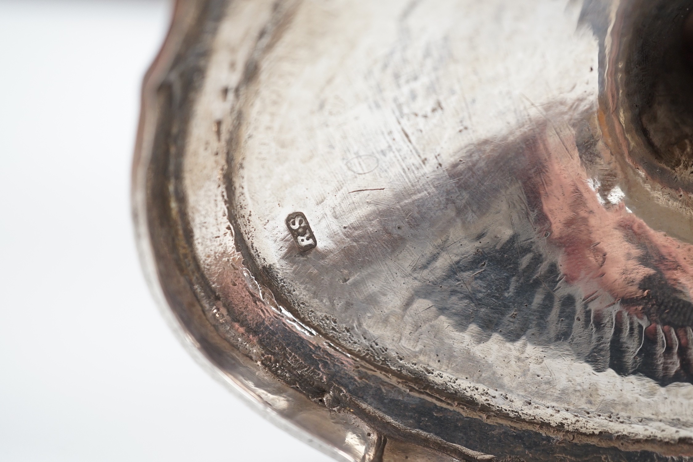 A George III Irish engraved silver bats wing oval shaped pedestal sugar basket, by Richard Sawyer, Dublin, 1803, length 17.5cm, 9oz.